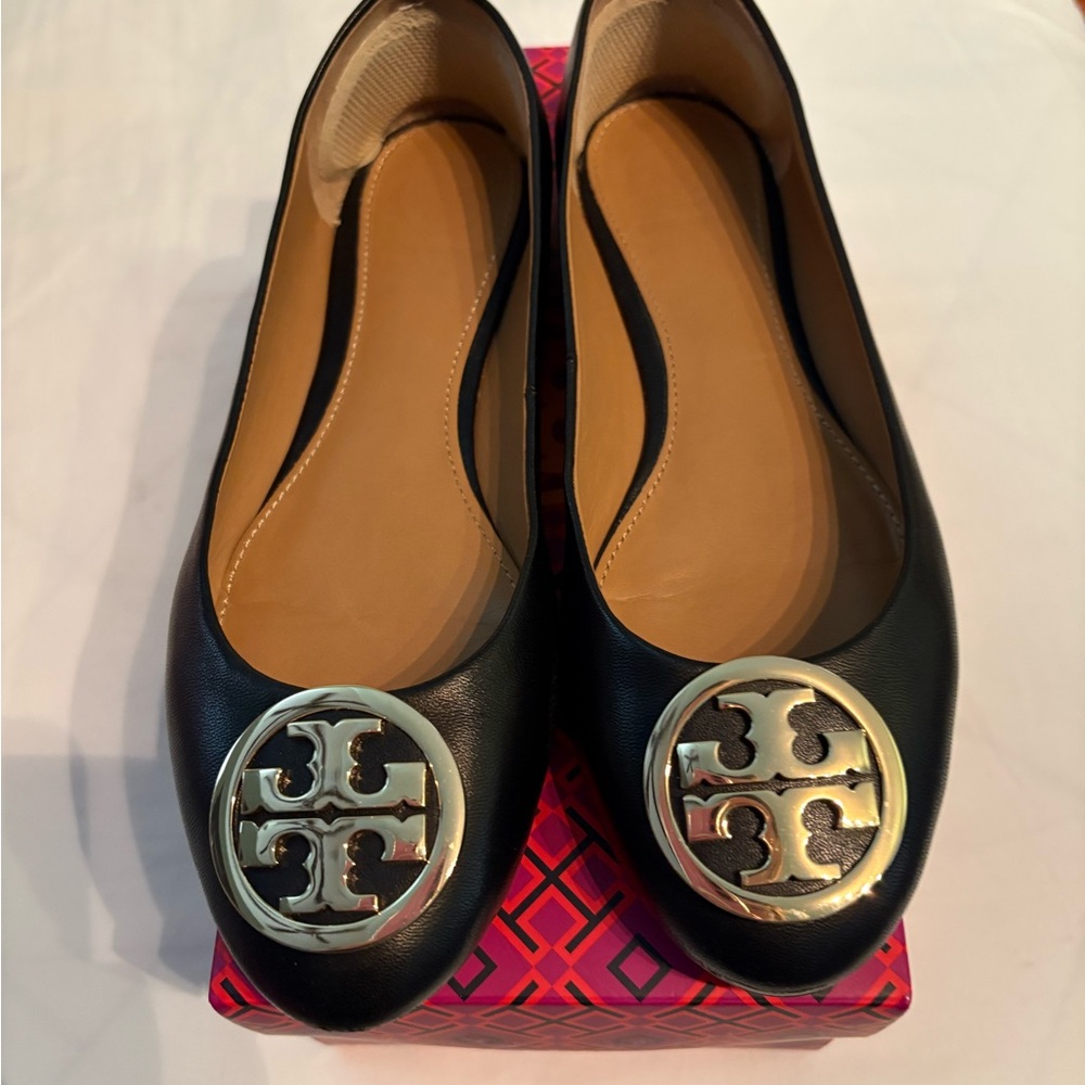 Tory Burch Black Flats with Gold Emblem